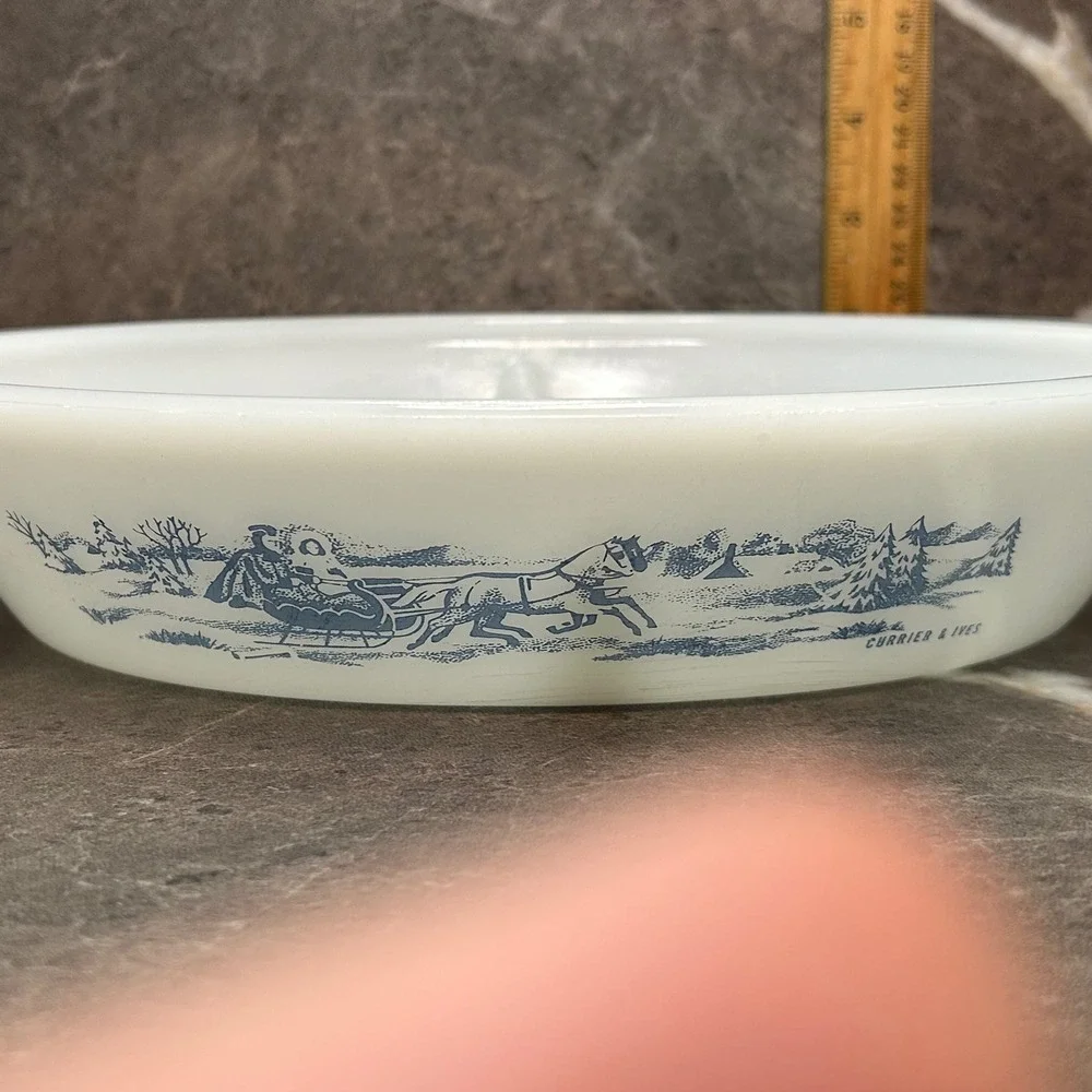 Glasbake Currier & Ives Blue Sleigh Milk Glass Divided Serving Dish Oval Cozy